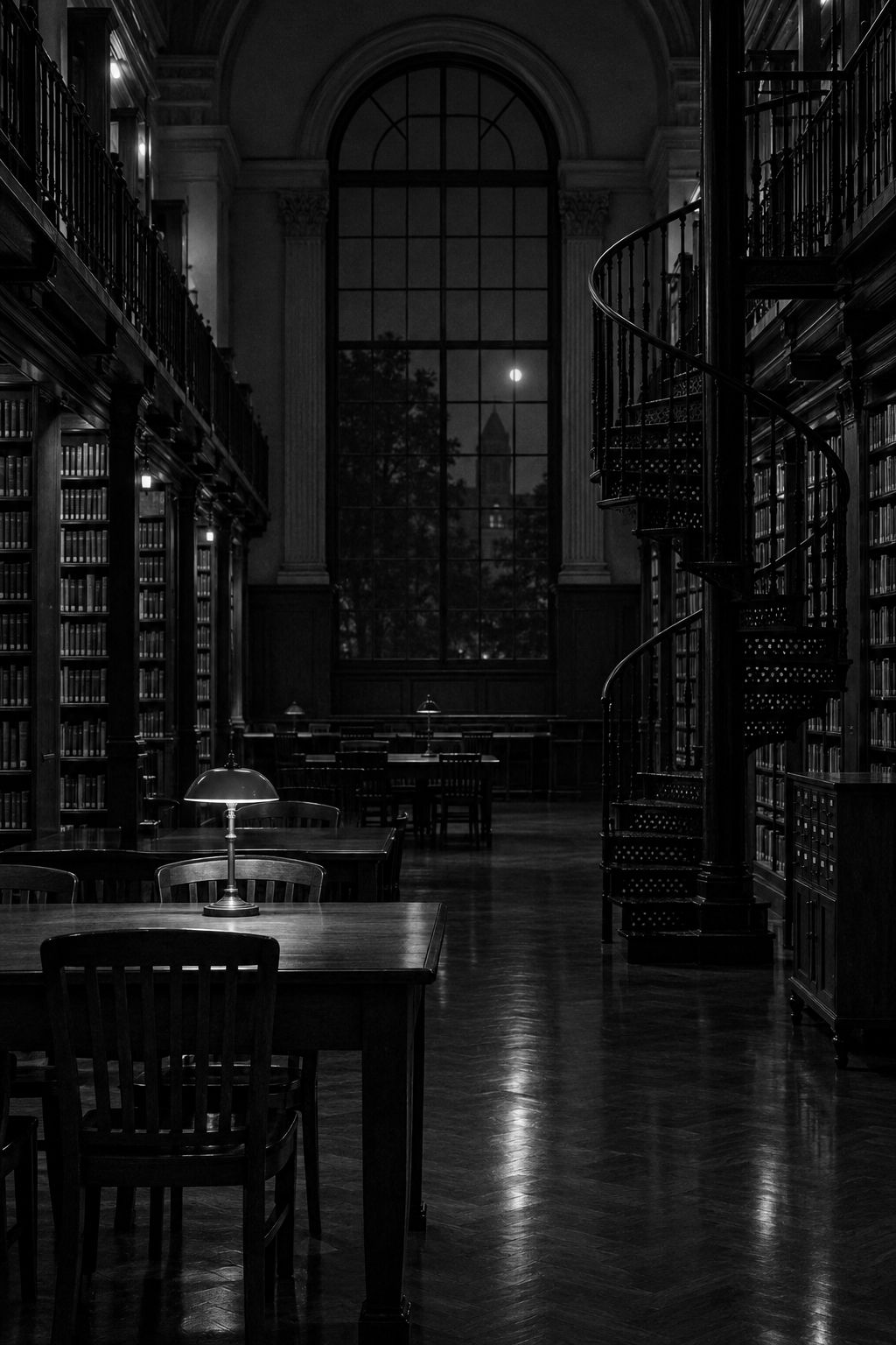A library reading room at night