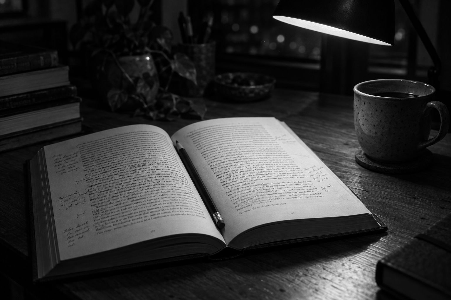 An open book under a reading lamp, with pencilled marginalia